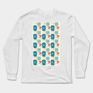 Atomic Age Mid-Century Pattern in Blue, Yellow, Peach and Dark Salmon Long Sleeve T-Shirt